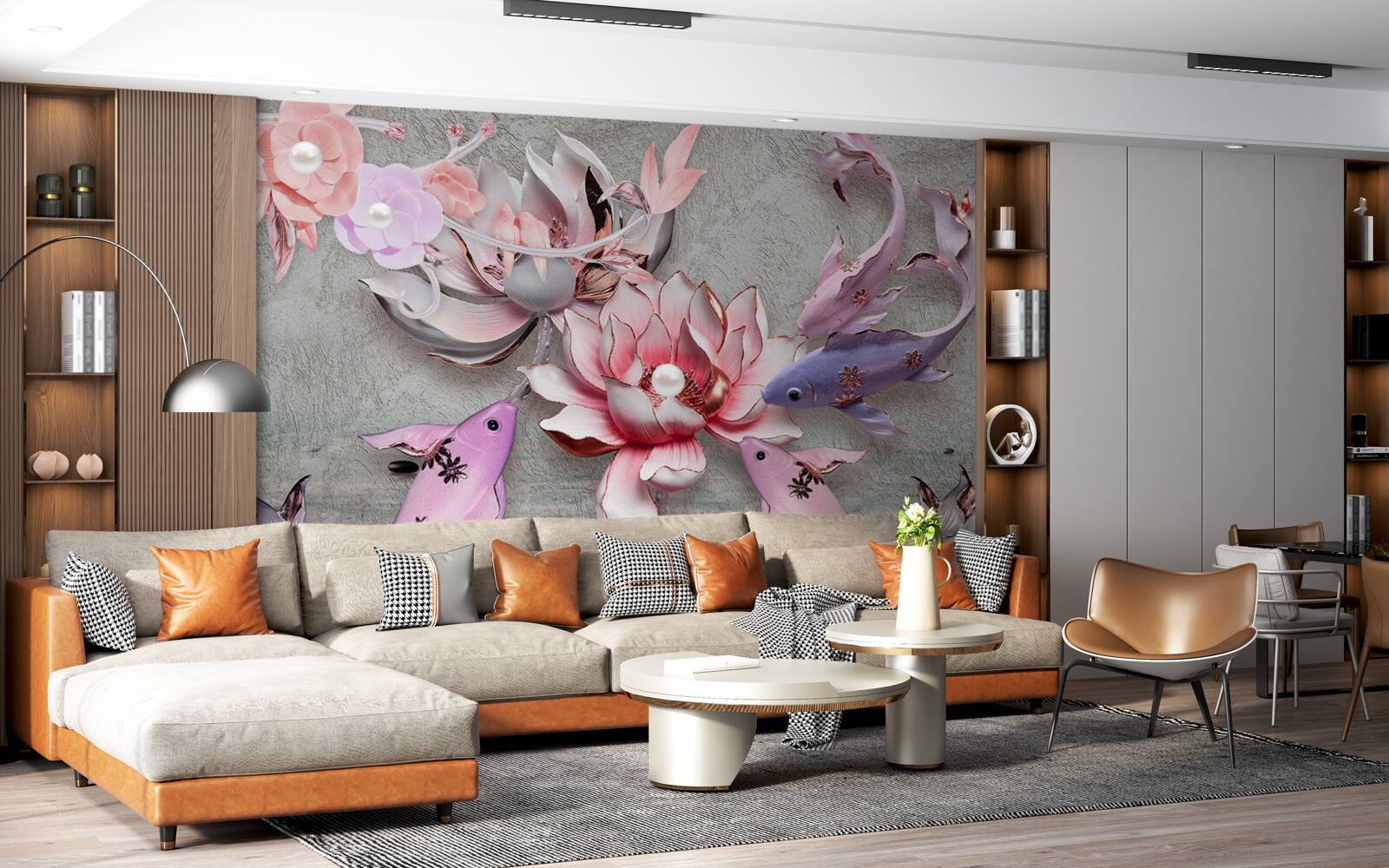 Фотошпалери озерна сцена з лотосами та рибами