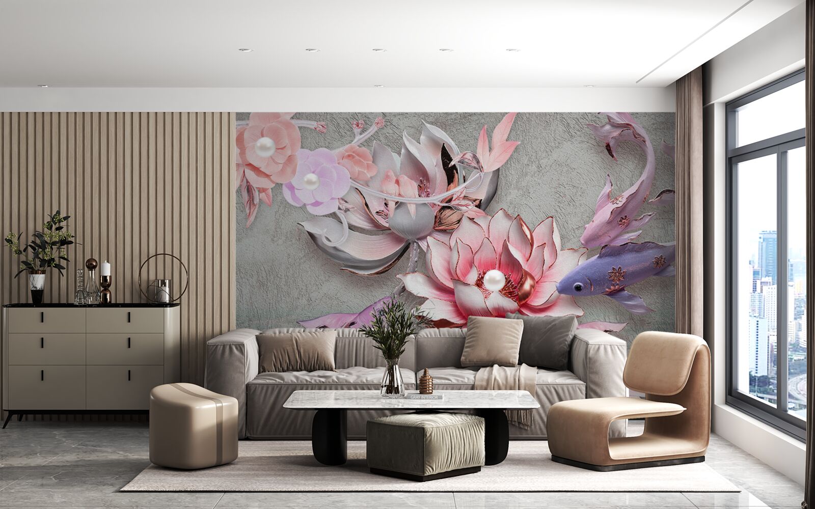 Фотошпалери озерна сцена з лотосами та рибами