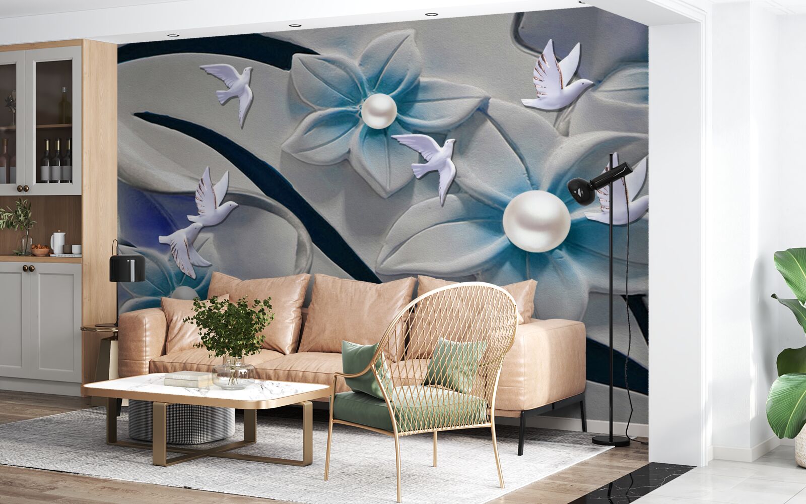 Фотошпалери білосніжні квіти з перлинами, прикрашені метеликами