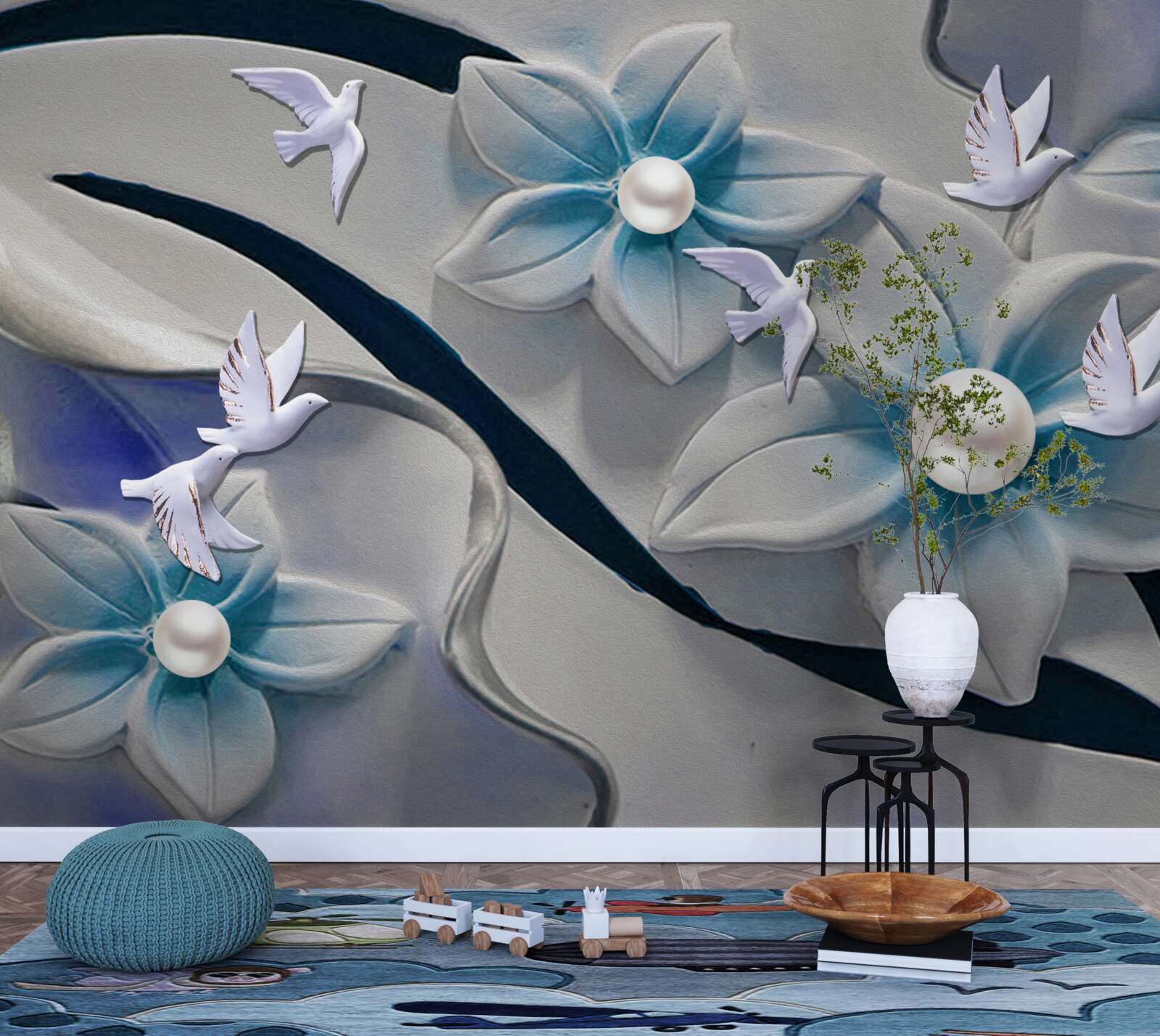 Фотошпалери білосніжні квіти з перлинами, прикрашені метеликами