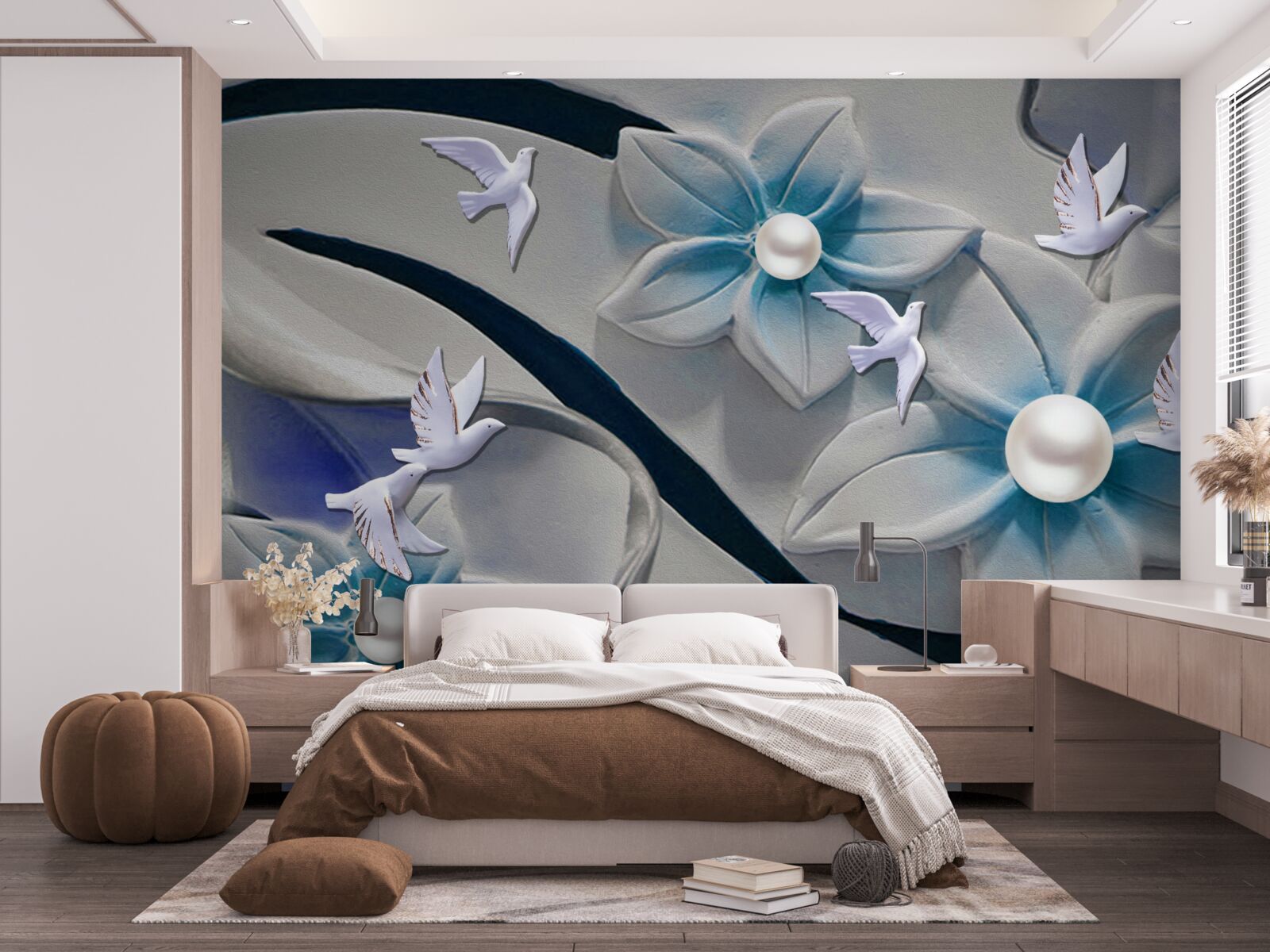 Фотошпалери білосніжні квіти з перлинами, прикрашені метеликами