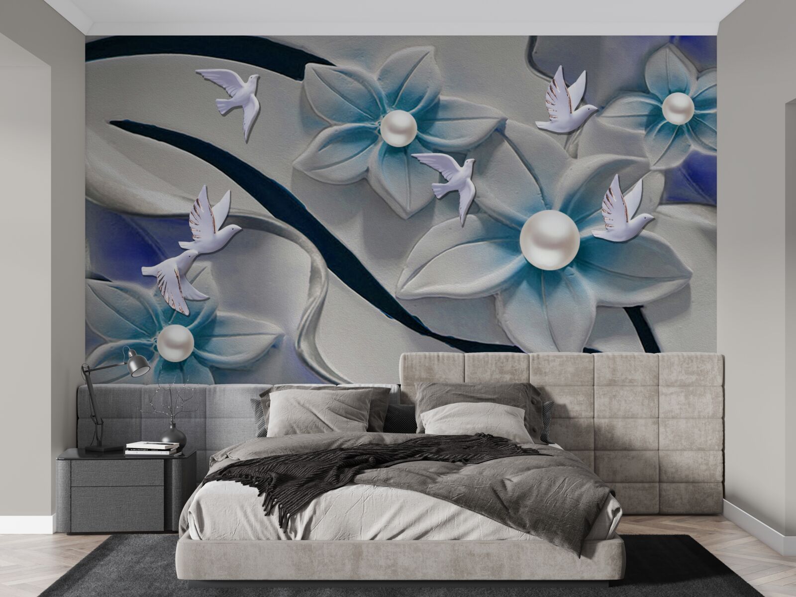 Фотошпалери білосніжні квіти з перлинами, прикрашені метеликами