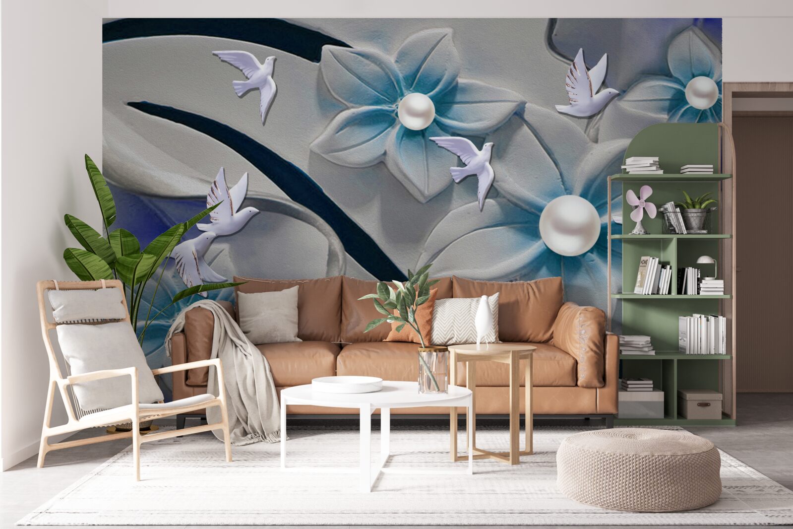 Фотошпалери білосніжні квіти з перлинами, прикрашені метеликами