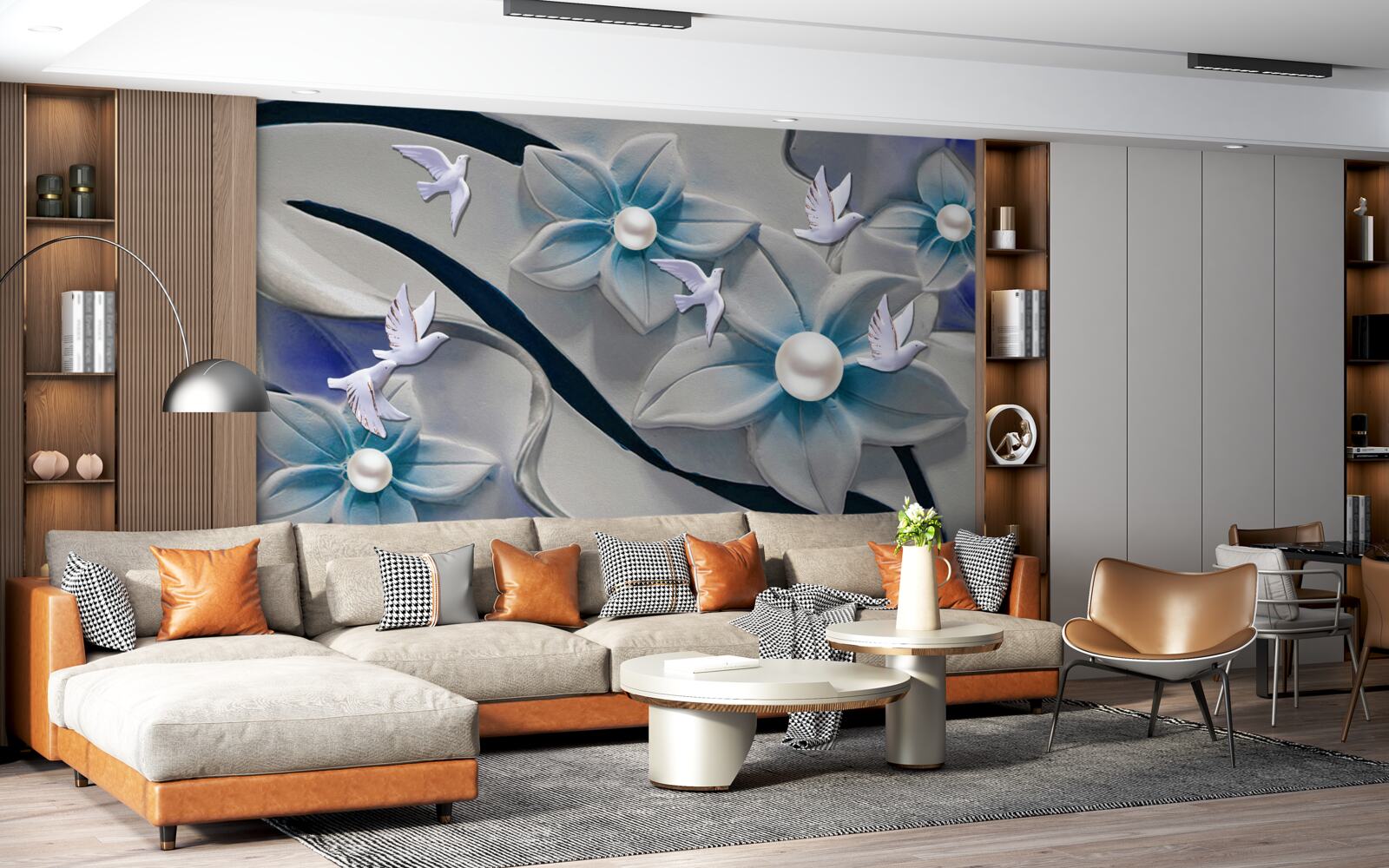 Фотошпалери білосніжні квіти з перлинами, прикрашені метеликами