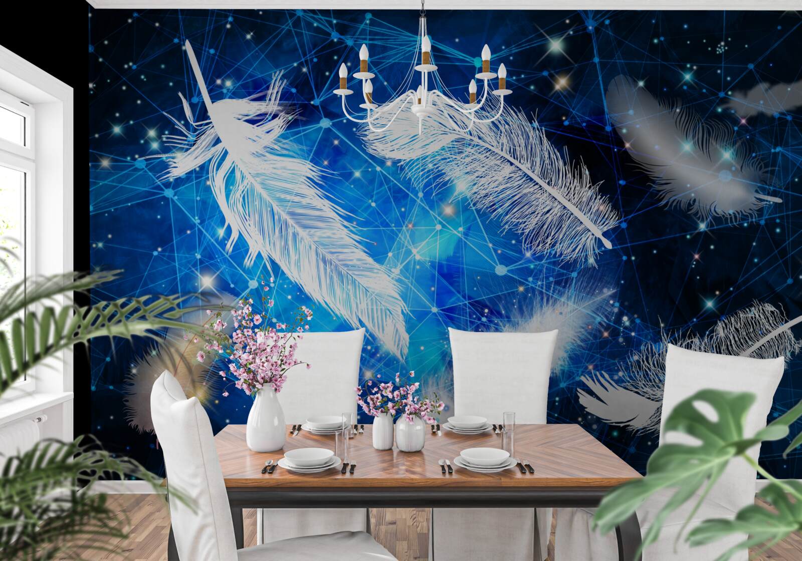 Фотошпалери зоряне небо як тло для білого пір'я