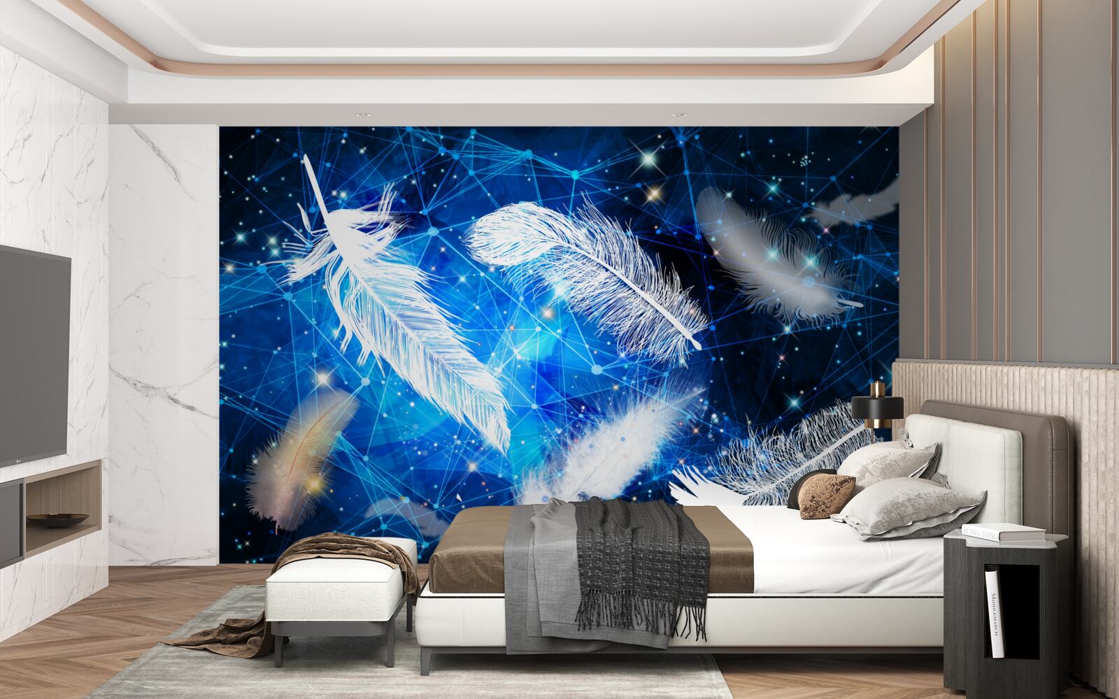 Фотошпалери зоряне небо як тло для білого пір'я